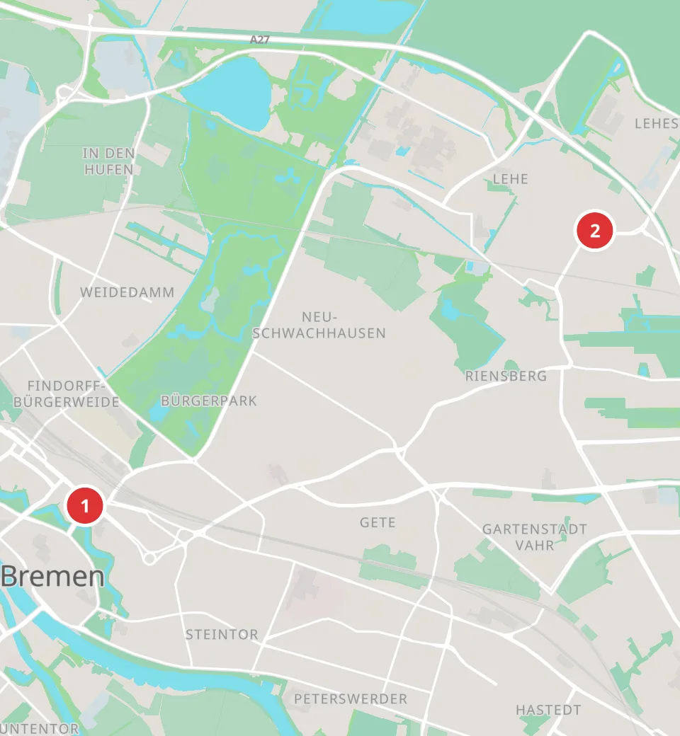 Karte mit 2 Asia-Märkten in Bremen, nummeriert wie die Liste