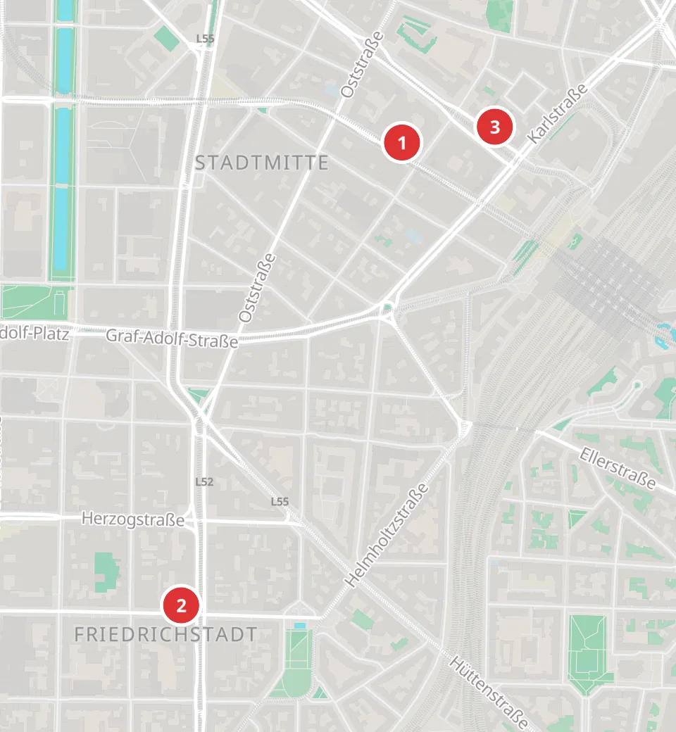 Karte mit 3 Asia-Märkten in Düsseldorf, nummeriert wie die Liste