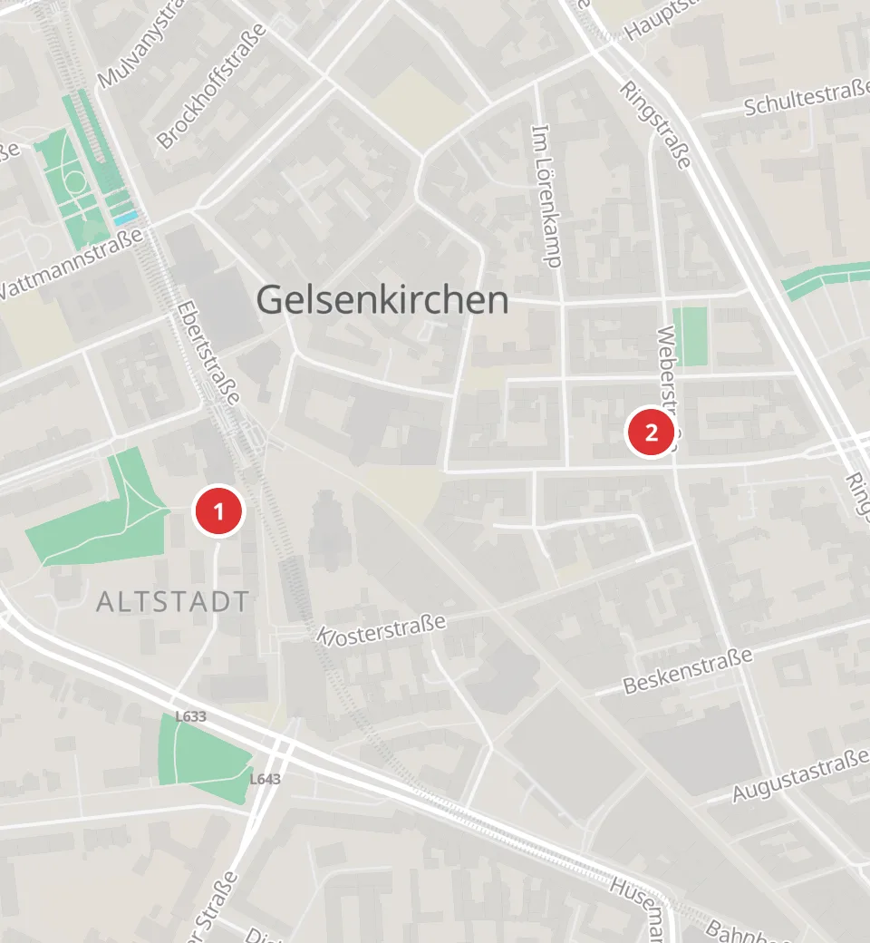 Karte mit 2 Asia-Märkten in Gelsenkirchen, nummeriert wie die Liste