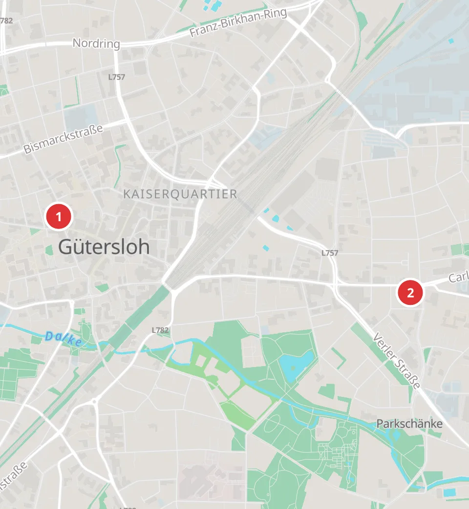 Karte mit 2 Asia-Märkten in Gütersloh, nummeriert wie die Liste
