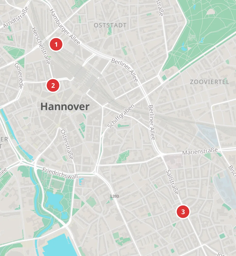 Karte mit 3 Asia-Märkten in Hannover, nummeriert wie die Liste