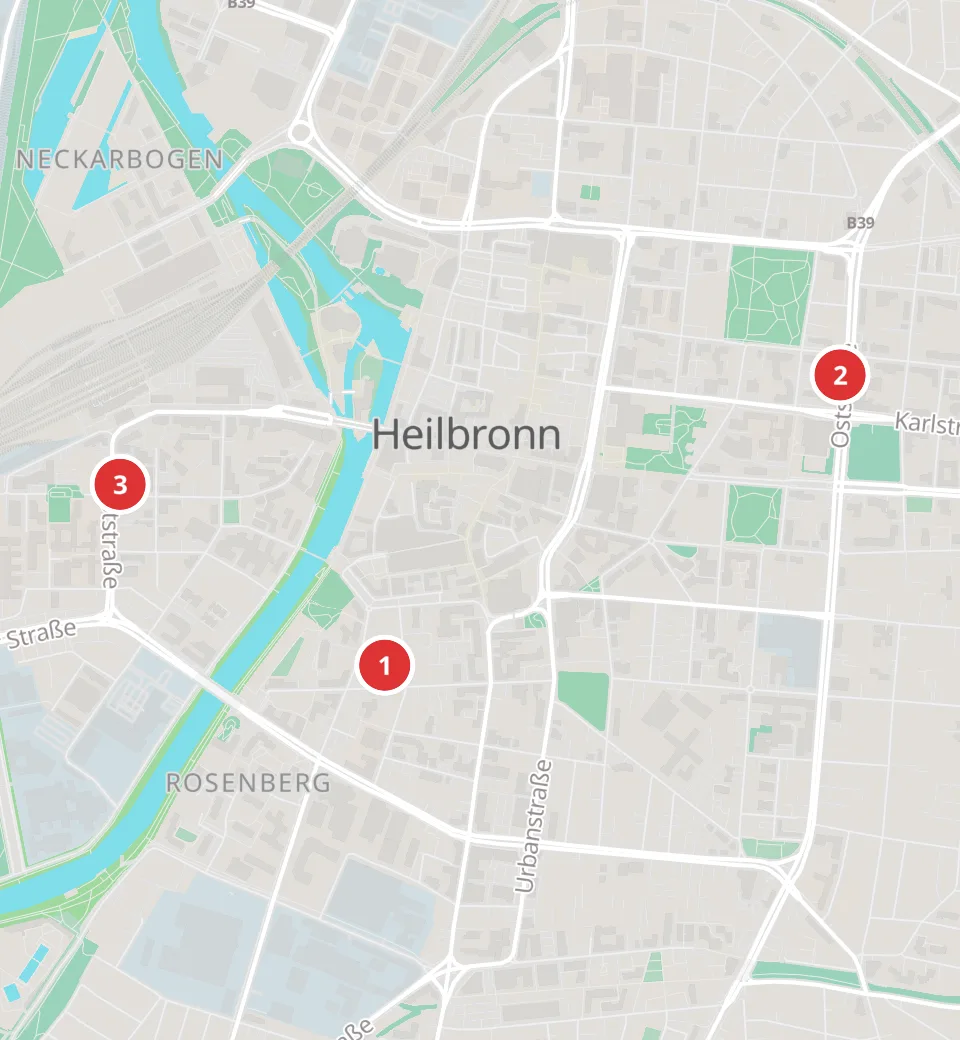 Karte mit 3 Asia-Märkten in Heilbronn, nummeriert wie die Liste