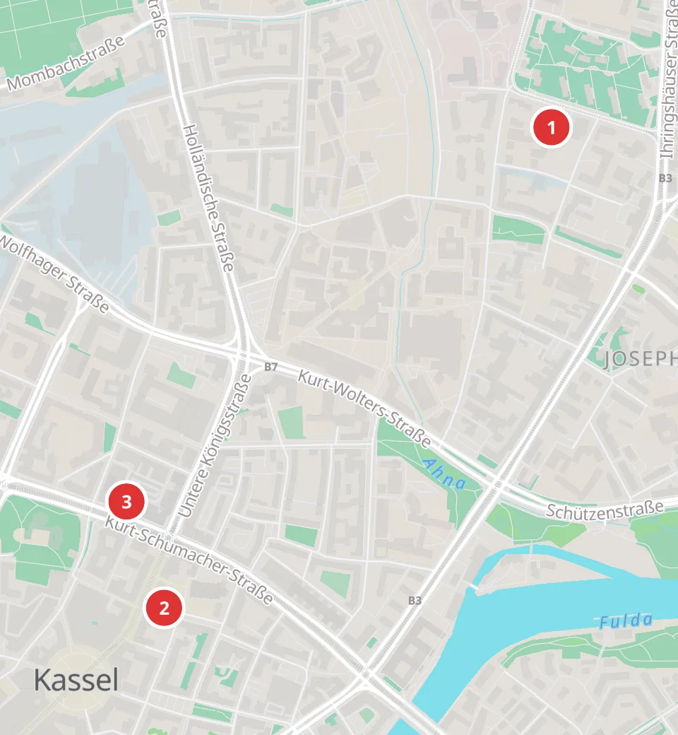 Karte mit 3 Asia-Märkten in Kassel, nummeriert wie die Liste