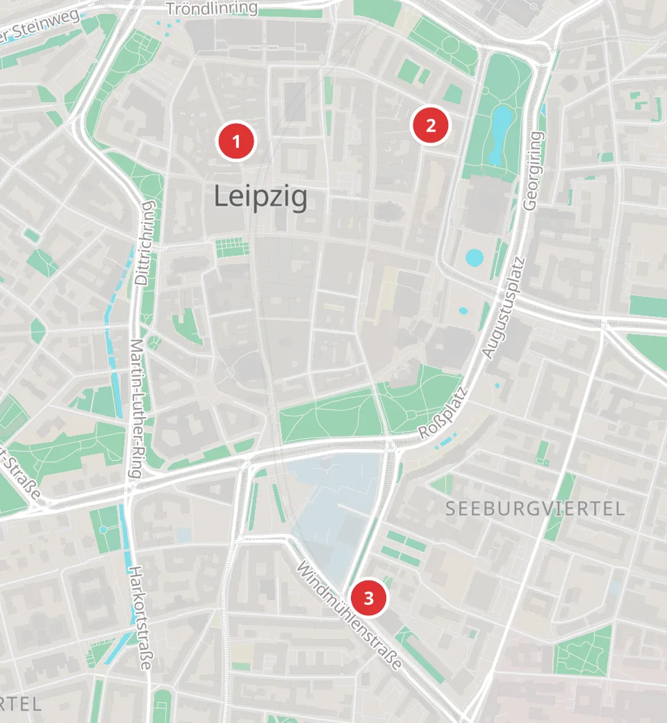 Karte mit 3 Asia-Märkten in Leipzig, nummeriert wie die Liste