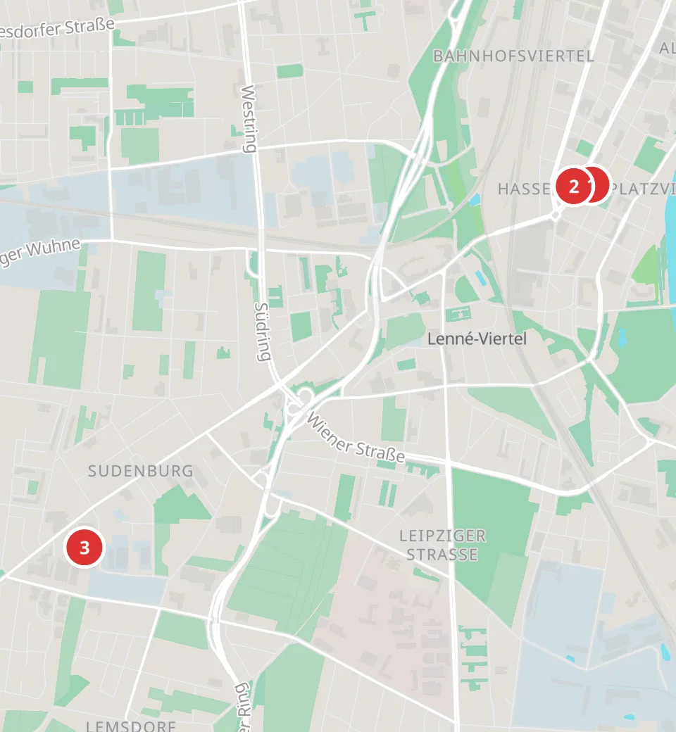 Karte mit 3 Asia-Märkten in Magdeburg, nummeriert wie die Liste