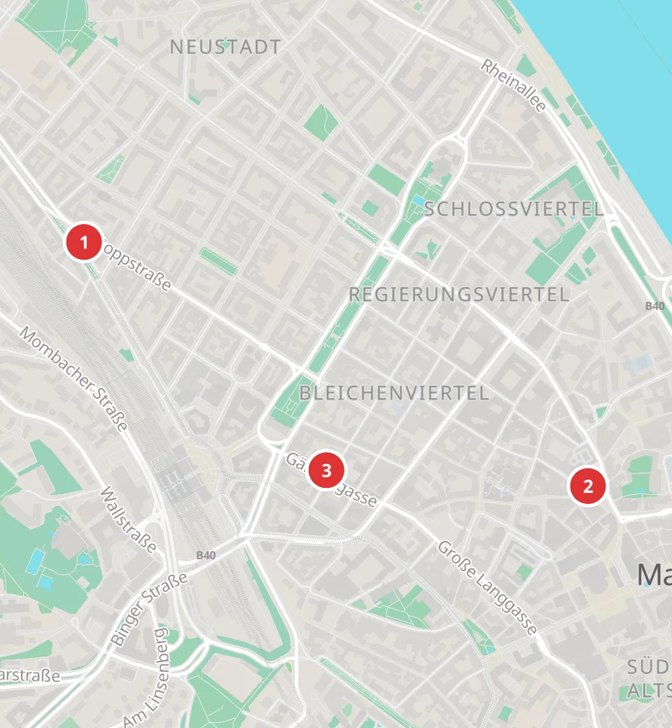 Karte mit 3 Asia-Märkten in Mainz, nummeriert wie die Liste