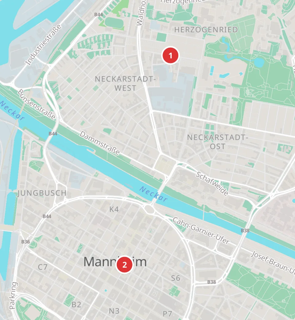 Karte mit 2 Asia-Märkten in Mannheim, nummeriert wie die Liste