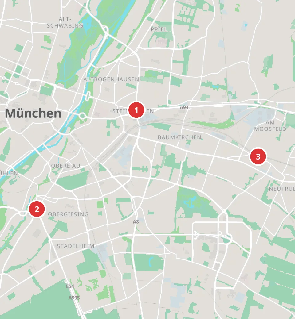Karte mit 3 Asia-Märkten in München, nummeriert wie die Liste