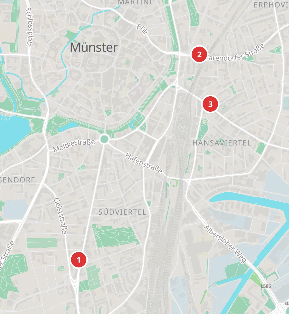 Karte mit 3 Asia-Märkten in Münster, nummeriert wie die Liste