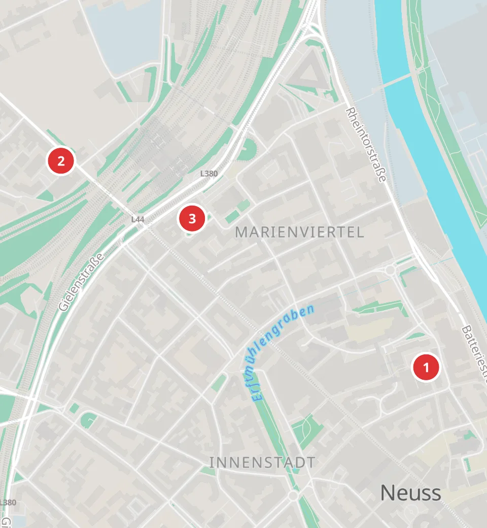 Karte mit 3 Asia-Märkten in Neuss, nummeriert wie die Liste