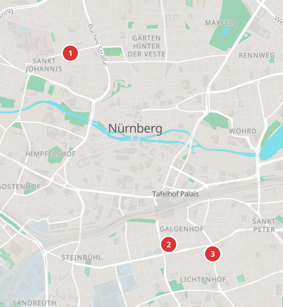 Karte mit 3 Asia-Märkten in Nürnberg, nummeriert wie die Liste