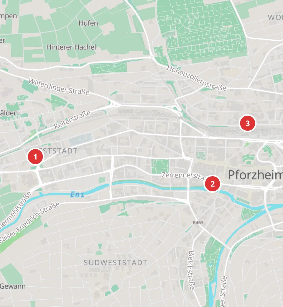 Karte mit 3 Asia-Märkten in Pforzheim, nummeriert wie die Liste