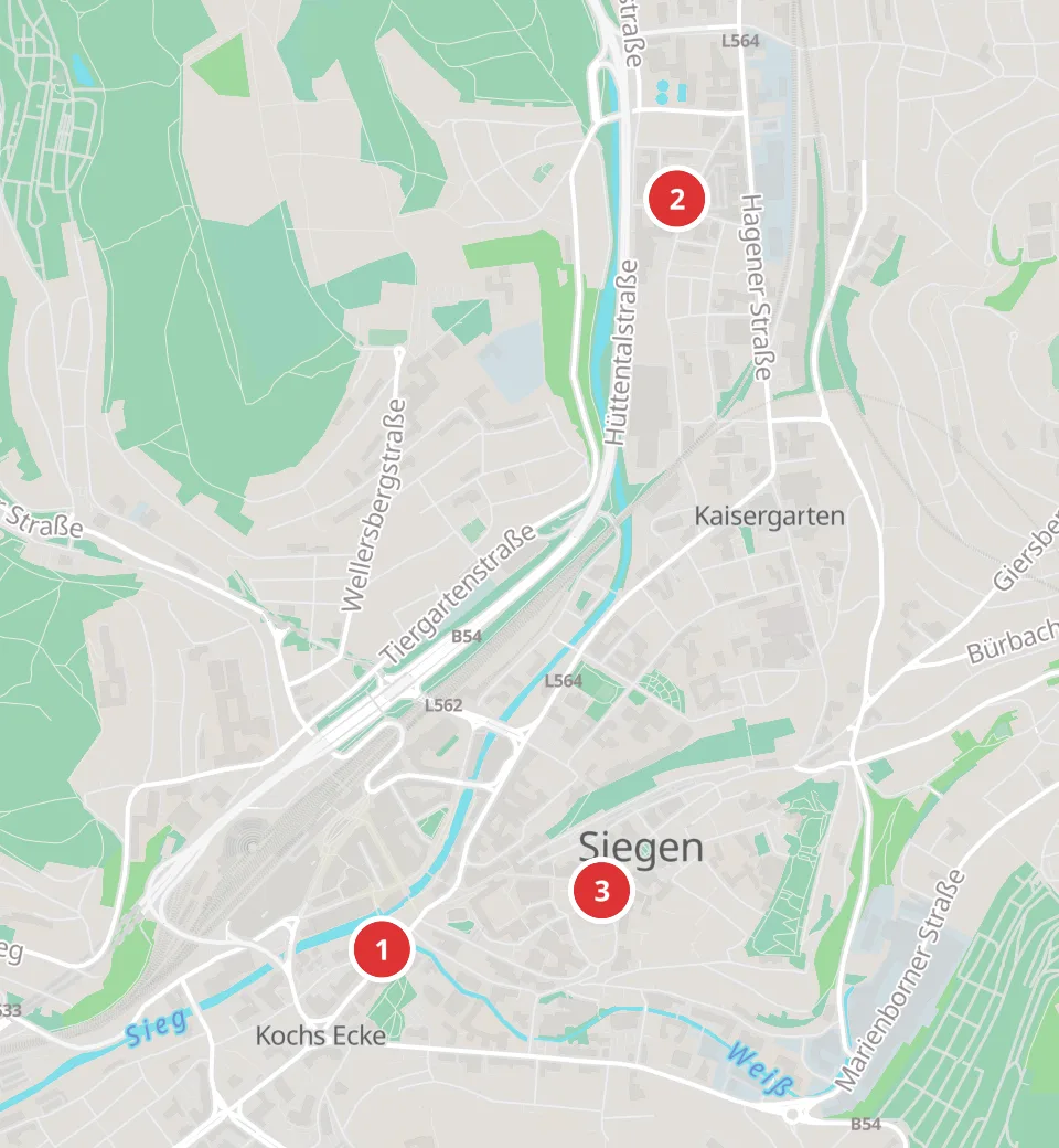 Karte mit 3 Asia-Märkten in Siegen, nummeriert wie die Liste
