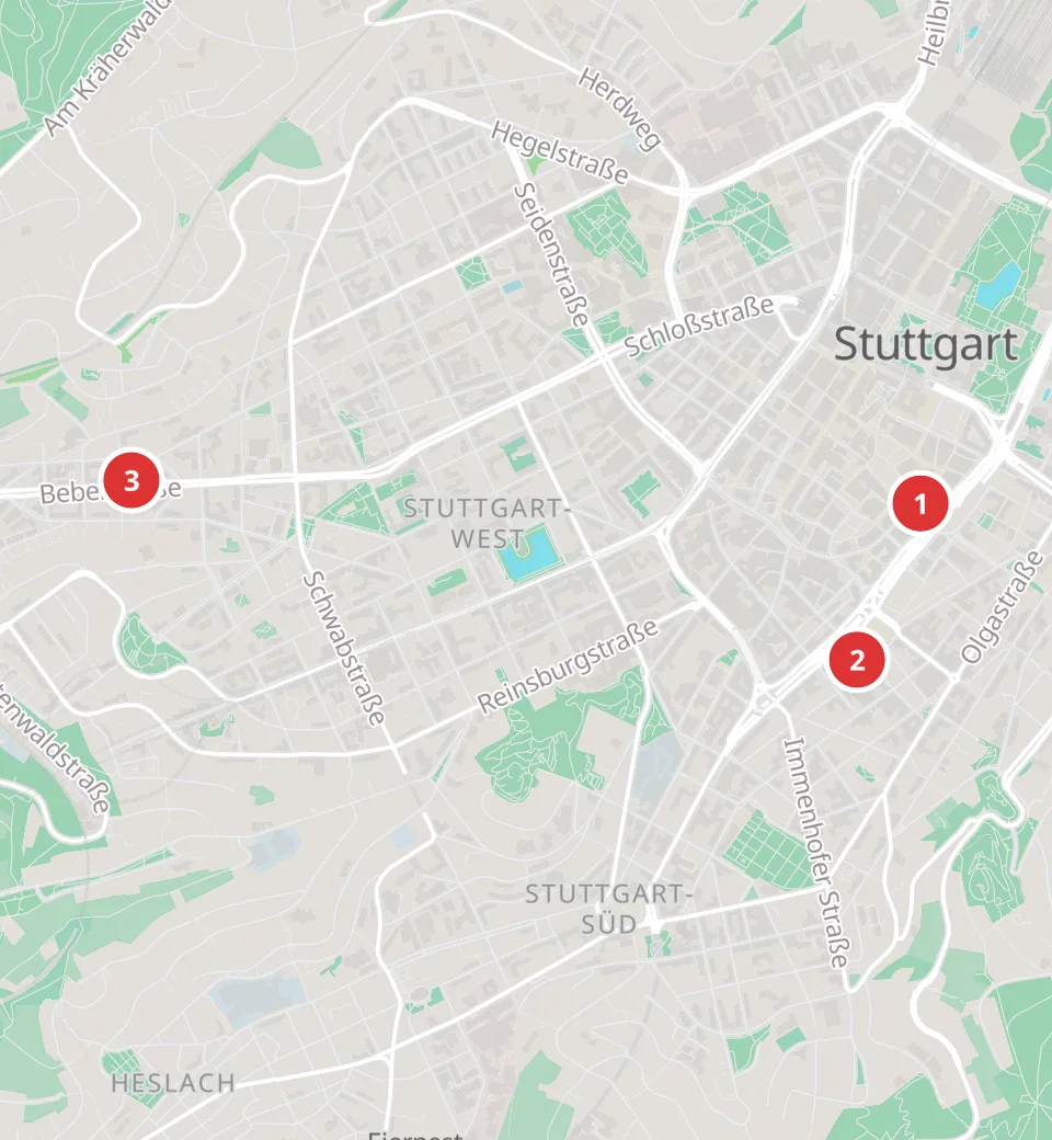 Karte mit 3 Asia-Märkten in Stuttgart, nummeriert wie die Liste