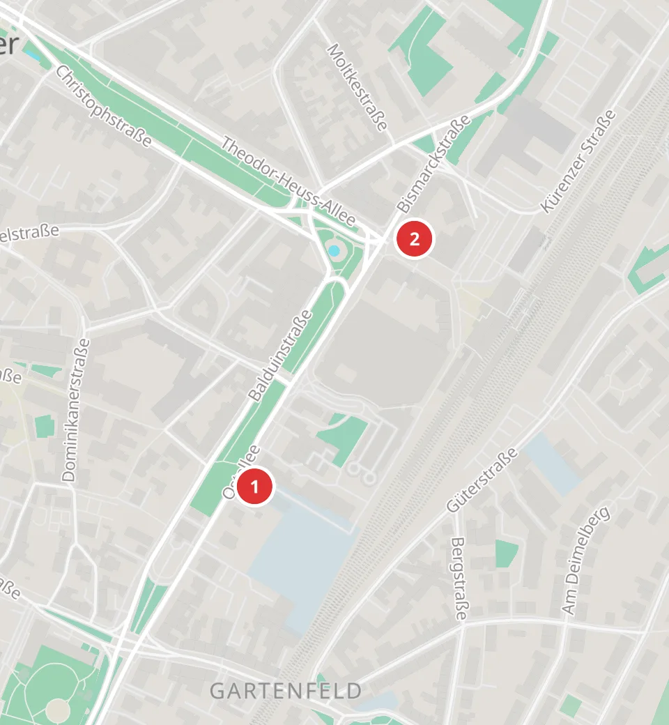 Karte mit 2 Asia-Märkten in Trier, nummeriert wie die Liste